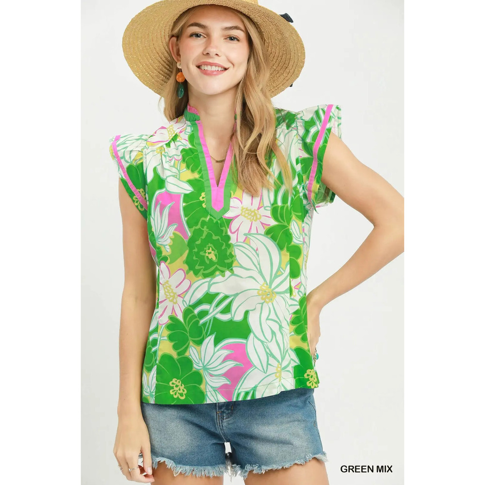 Umgee Bold Floral Flutter Sleeve Top